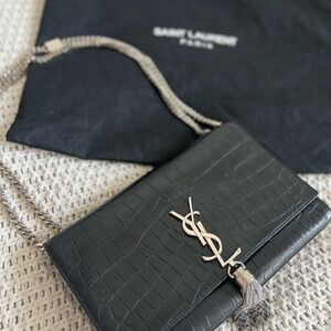 Authentic YSL KATE MEDIUM TASSEL IN CROCODILE-EMBOSSED LEATHER CROSSBODY